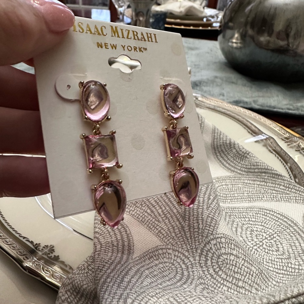 Isaac Mizrahi New York Linear Drop Gold Tone Pink Faceted Stones‎ Earrings NWT - Picture 8 of 9